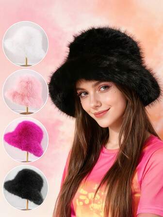 1顶仿毛皮复古加厚渔夫帽，保暖蓬松冬季帽，适合户外、雪天、日常穿着，女士冬季服装