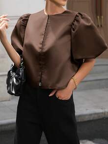 Women's Plain Color Short Sleeve Shirt, Minimalist Fashion Suitable For Summer - Coffee Brown - View 3