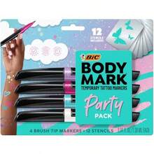 TYUI BIC BodyMark Party Pack Temporary Tattoo Marker For Skin Premium Brush Tip Gifts For Teens 4 Count Pack - Xanh hồng tím trắng - Xem 1