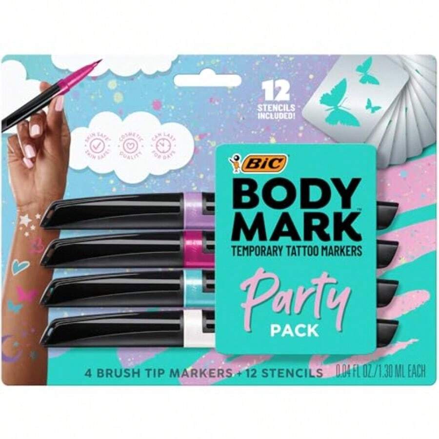 TYUI BIC BodyMark Party Pack Temporary Tattoo Marker For Skin Premium Brush Tip Gifts For Teens 4 Count Pack - Xanh hồng tím trắng - Xem 1