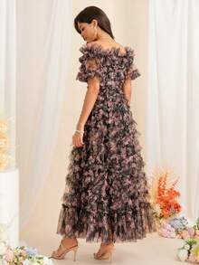 Summer Printed Floral Fluffy Cake Dress Vintage Short Sleeve One Shoulder Mesh Mullet Dress, Banquet Wear, Party Wear, Travel Wear - Multicolor - View 6