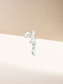 1pc 925 Sterling Silver Zirconia Stone Tassel Chain Threaded Stud Earrings, Flat Base Earrings Suitable For Ear Cartilage Piercing, Low Allergy, Women Flat Stud Earrings, Ear Cartilage Piercing Jewelry - Silver - View 6