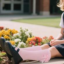 3 Pairs Girls' Knee-Length Sheer Color-Striped Bow Long Stockings For Spring And Autumn, Comfortable And Versatile For Children - Multicolor - View 6