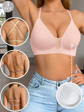 3 件装深 U 领网眼无缝文胸，多种佩戴方式，打造美丽背部，胸部支撑，无钢圈，露背性感文胸