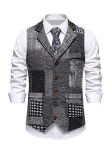Men's Retro Patchwork Lapel Waistcoat - Grey - View 13