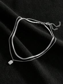 Nooxian 2件套不锈钢刀片链方形铜微镶嵌闪亮锆石双层吊坠项链 - 銀色 - 查看 4