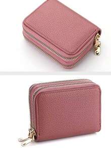 New Lychee Texture Accordion Card Holder, Double-Layer Zipper Women's Wallet, Large Capacity PU Card Case, Multi-Function Card Holder - Dusty Pink - View 2