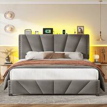 EnHomee Queen/King Size Bed Frame With LED Lights And Charging Station Platform Bed With Storage Headboard Sturdy Wooden Slats Support, Noise-Free, Easy Assembly, Grey - 查看 8