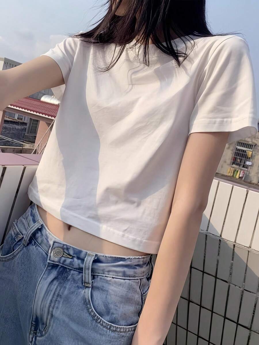 Short Sleeve T-Shirt, Solid Color, New Summer Style, Slim Fit, Versatile, Round Neck Top Casual White - White - View 1