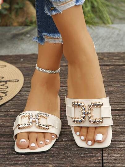 Women's Solid Color Beach Rhinestone Slippers, Spring/Autumn