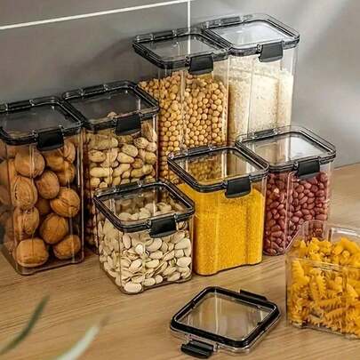 1 st lufttäta matförvaringsbehållare är inställda att sprida, stor kapacitet av pastagodisburkar med lock, för plast torr mat organiserad i köksmatskafferi för spannmål, ris, ris, pasta, te, te, nötter och kaffe