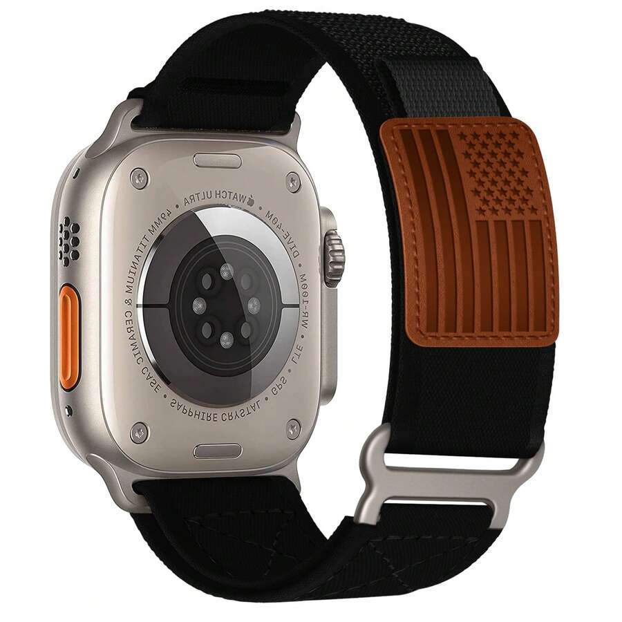 Trail Loop 尼龙表带，兼容 表带 49mm 46mm 45mm 44mm 42mm 41mm 40mm 38mm 男女款，坚固耐用的编织弹性运动表带，兼容 Ultra 系列 11/10/9/8/7/6/SE/5/4/3/2/1/SE - 深黑色(旗) - 查看 1