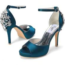 Lady Satin Dress Platform High Heels Wedding Sandals Crystal Back With Free EarringsChristmas - 藍綠色 - 查看 4
