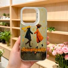 Cubierta de teléfono con diseño artístico para iPhone en color beige con estampado de pareja caminando en otoño y hojas caídas ideal para uso diario y regalos Aplicable a los teléfonos de la serie Apple y Galaxy - Negro - Ver 5