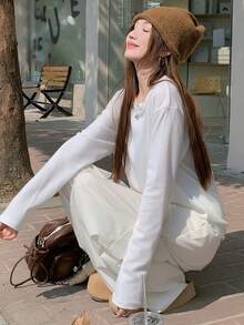 白色女士T恤，简约圆领上衣，秋季休闲春季新品 - 白色 - 查看 3