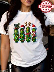 1pc 100% Women Christmas Pickle Funny Holiday Lights 2D Print Crew Neck Short Sleeve TShirt for All Seasons - Blanco - Ver 1