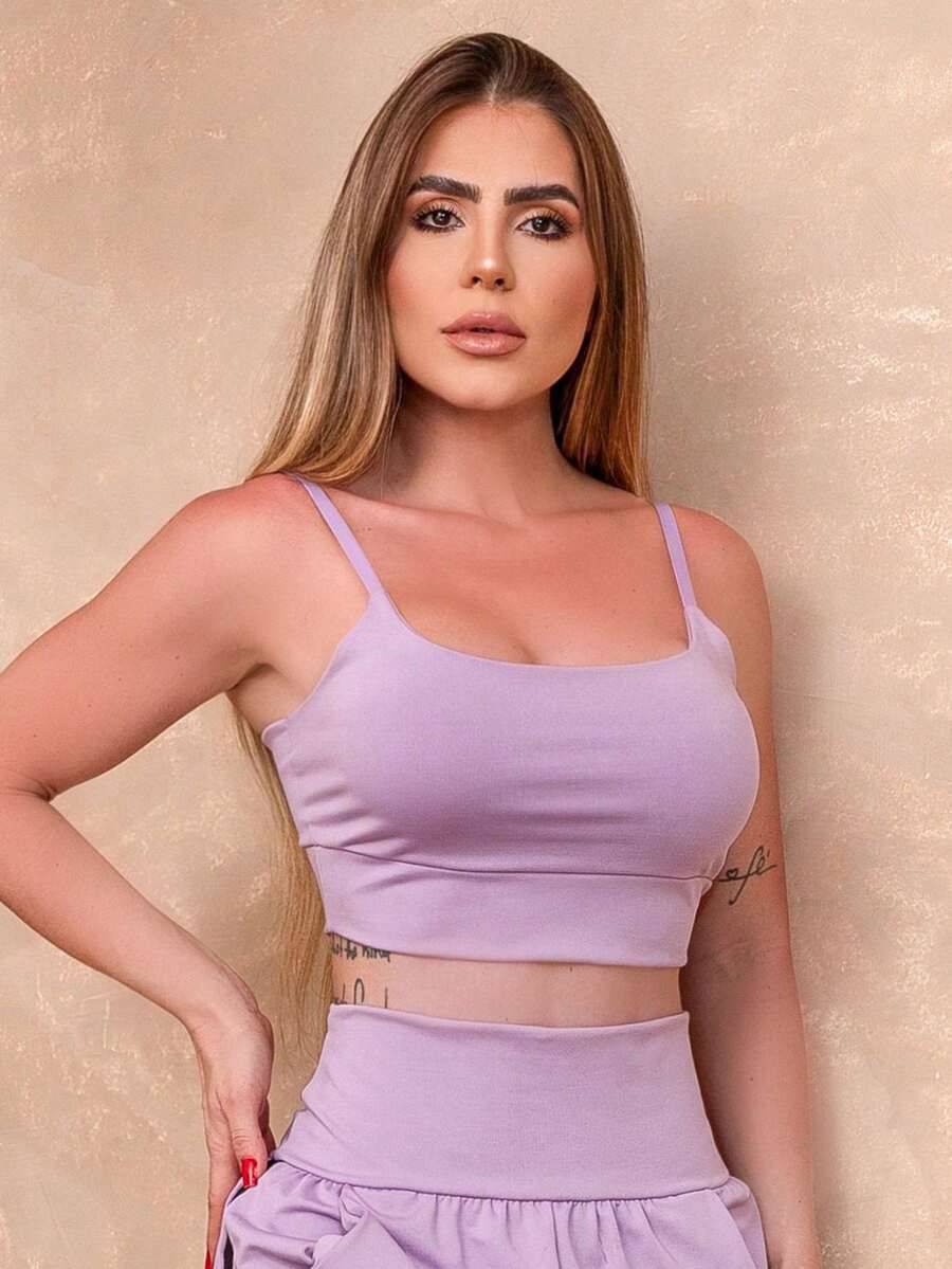 Top Cropped de Academia Feminino com Bojo Removível e Regulagem nas Alças - Lilás - Visão 1