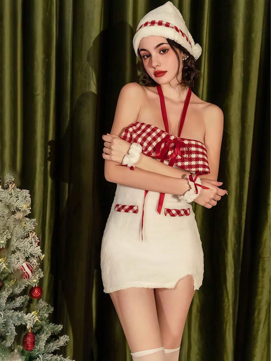 1pc New Year Charming Holiday Uniform Sexy Outfit, Furry Plaid Dress With Halter, Slim Fit Bodycon Dress + Hat + Accessories Set, Suitable For Nightclub, Party, Cosplay, Photo Shoot, Holiday Attire - Multicolor - View 1