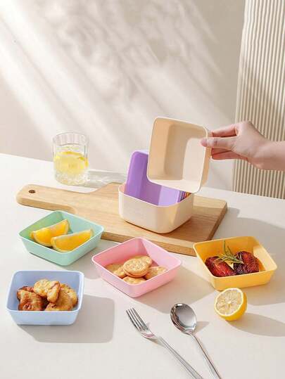 7PCS/Set Reusable Snack Plate Macaron Colors Camping Picnic Dessert Plate Set Candy Fruit Cookie Cake Storage Tray Microwave Kitchen Accessories