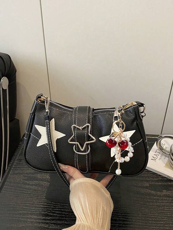 Fashionable And Simple Women's Shoulder Bag, Star Pattern Shoulder Bag, Small Underarm Bag, Zipper Closure Wallet, Bags Ladies Sling Wallet For Women, Elegant Sling Bag For Women, Bags Ladies Elegant Bag For Women, With Cherry Pearl Pendant