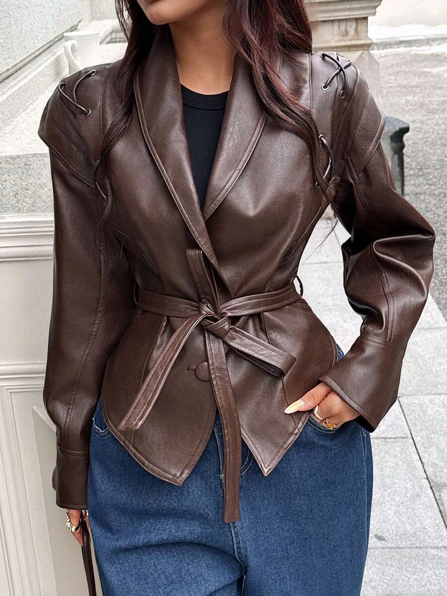 Seelio 秋冬新款女士时尚系带翻领皮夹克 - 棕色 - 查看 1