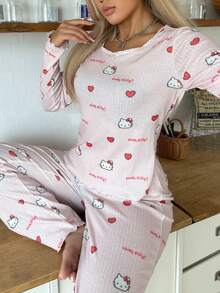 Sanrio 2pcs Hello Kitty Valentine's Day Women Printed Crew Neck Long Sleeve Top + Elastic Waist Pants Pajama Sleepwear Set