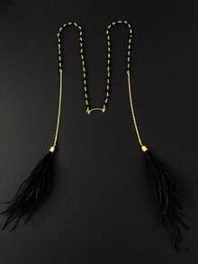 1pc Boho Gold Black Beaded Face Chain Jewelry With Black Tassel Feather Festival Party Nose Chain Face Jewelry Halloween Gifts - Multicolor - View 4