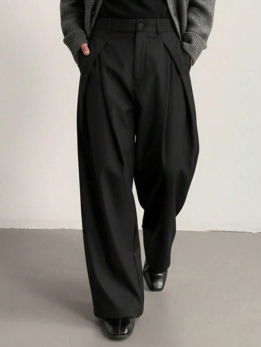 Men's Solid Color Casual Pleated Wide Leg Pants - Black - View 1