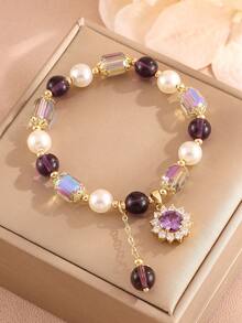 1 件天然淡水珍珠和紫水晶手链女士轻奢微镶嵌向日葵吊坠串珠手链，最佳朋友礼物情人节、妈妈、母亲、母亲节、礼物 - 串珠手鍊 - 查看 4