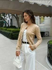 FOR BEAUTY 春夏新款纯色圆领扭结罗纹针织单排扣长袖开衫，时尚优雅，简约休闲，适合日常通勤，女士春季针织外套 - 卡其色 - 查看 6