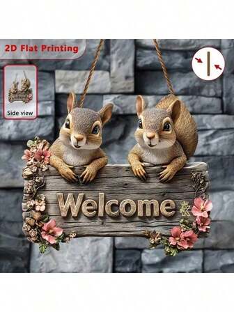 2D平面 - [2D平面] 2D印刷标牌，以松鼠为设计元素，适合户外墙面装饰。这款木质松鼠标牌既可作为墙面装饰，也可作为家居/花园装饰，是装饰门廊、露台、酒吧或咖啡馆的绝佳圣诞礼物。