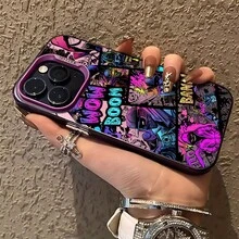 Funda de Teléfono Creativa con Graffiti Moderno para Niño, Adecuada Para iPhone 17, 16e, 16, 15, 14...12, 11 Mini Pro Max Air X/XR..XS MAX 8, 7 Plus - Cubierta Trasera Mate Anticaída Funda Bonita que Brilla en la Oscuridad Con Gatos Iluminados Rectangular - Morado - Ver 4