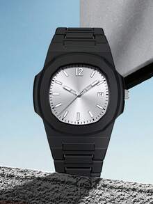 TOMI 礼盒套装，优雅简约商务男士腕表，哑光油塑表带条纹表盘石英表，时尚男士腕表套装，适合日常生活、节日送礼、父亲节、圣诞节等场合。 - 黑色 - 查看 1