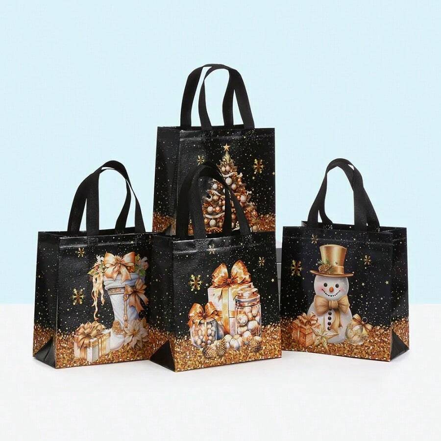 4pcs Christmas Gift Bags Reusable Non-Woven Black Large Christmas Tote Bags With Handles For Gift Wrapping Office Exchange, Xmas Party Favors - Black - View 1
