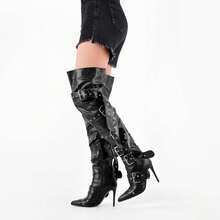 Multi Buckle Strap Over The Knee Pointed Toe Belts Stiletto Heeled Booty Thigh HighChristmas - Black - View 3