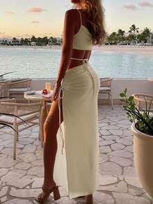 Onicee 女士夏季连衣裙，黄色，时尚性感褶皱斜肩镂空腰身连衣裙，适合情人节、约会、聚会、派对、旅行、度假、海滩等场合。 - 淡黃色 - 查看 3