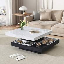 High-Gloss Tabletop, Functional Coffee Table, Living Room Table, 360° Rotatable, 2-Tier Rotating Tabletop With Storage Compartment, White Living Room Tabletop, Black Base 70*70*36 Cm - Black,White - View 1