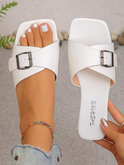2025 New Fashion Flat Sandals For Women, Square Toe Strap Slip-On Beach Slippers