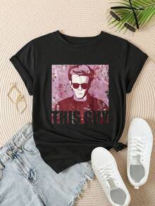 This Guy With Sunglasses And Floral Background Women's Fashionable Print Casual T-Shirt Suitable For All Seasons
-Black - 黑色 - 查看 2