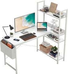 DUMOS Computer L Shaped Desk With Shelves 47 Inch, Reversible L-Shaped Corner Desks With Storage Monitor Stand Adjustable Bookshelf Side Bag, Wood Table For Home Office Bedroom Writing Gaming, White - White - View 1
