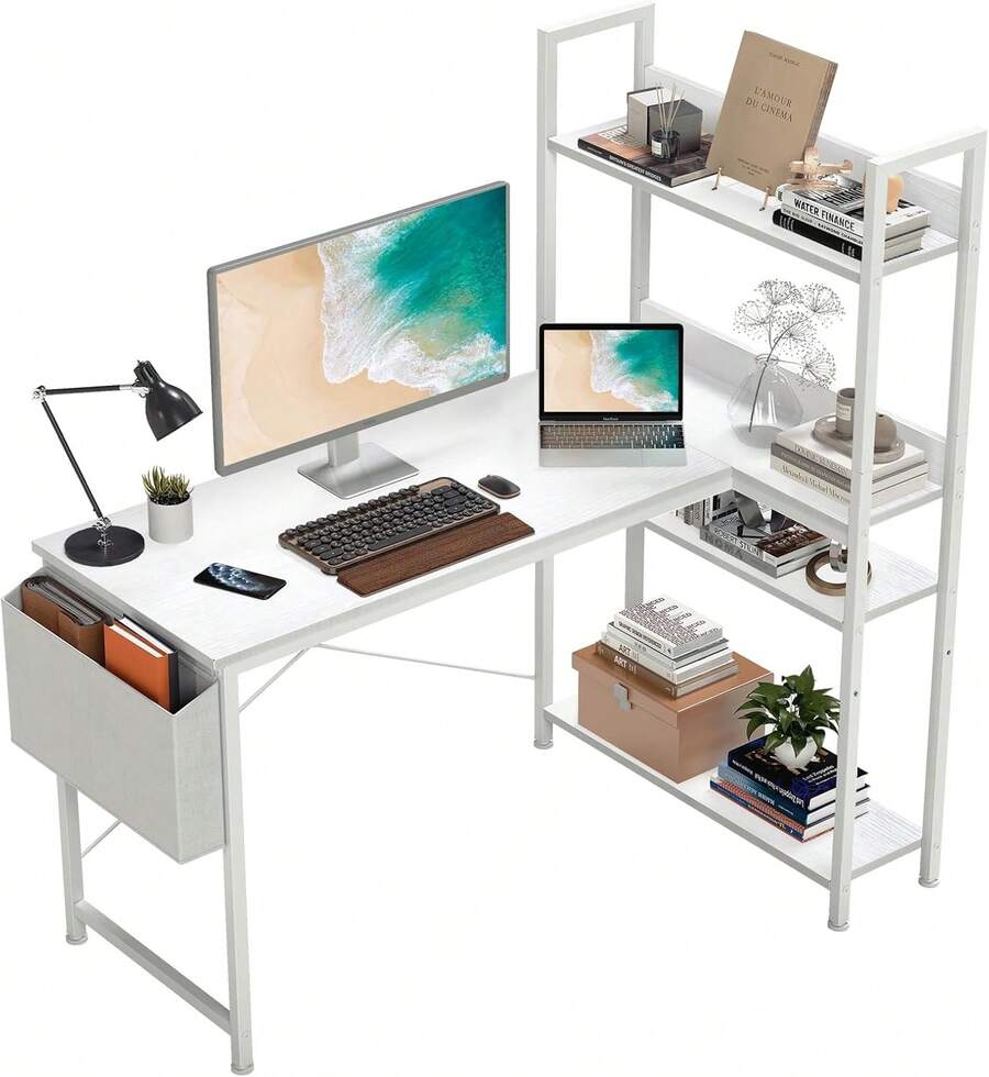 DUMOS Computer L Shaped Desk With Shelves 47 Inch, Reversible L-Shaped Corner Desks With Storage Monitor Stand Adjustable Bookshelf Side Bag, Wood Table For Home Office Bedroom Writing Gaming, White - White - View 1