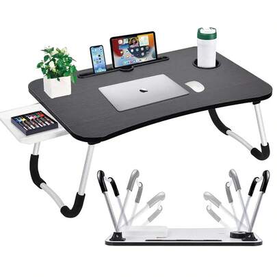 Portable Laptop Bed Table With Storage Drawer And Cup Holder, Foldable Bed Tray Lap Desk For Reading, Writing, Eating, Working On Bed/Couch/Sofa,Perfect Gift For Christmas And Winter