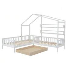 Children's Cabin Bed With Drawers And Shelves, Solid Wood With Guardrail And Slatted Base, L-Shaped Structure, Natural (90x200 Cm+140x70cm) - White - View 7