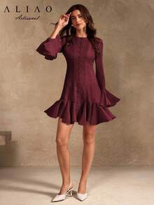 Đầm dạ hội mini kiểu dáng sang trọng, xếp ly eo của A&A, thanh lịch, màu trơn, phong cách cổ điển, kín đáo, thích hợp cho mùa cưới, ngày Valentine, mùa thu đông, tiệc trắng, phong cách quý tộc xưa, trang phục năm mới. - Màu Đỏ Sâu - Xem 3