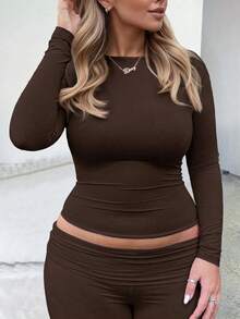 Plus Women's Plain Round Neck Long Sleeve Ruched Fitted T-Shirt, Suitable For Summer And Autumn/Winter Seasons - Coffee Brown - View 1