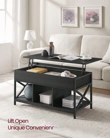 VASAGLE Lift Top Coffee Table For Living Room, Industrial Coffee Table With Hidden Compartments And Storage Shelf, Steel Frame, 50 X 100 X 49-62 Cm, Charcoal Gray And Ink Black - màu đen - Xem 2