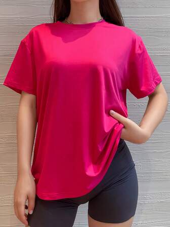 Small Shoulder Drop Short-Sleeved T-Shirt Solid Color Hot Pink Loose Casual Basic T Shirt