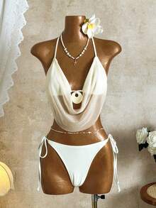 Women's Elegant Spaghetti Strap Draped Bikini Set, Tie Detail, Suitable For Summer Beach Vacation And Pool Party - Beige - View 3