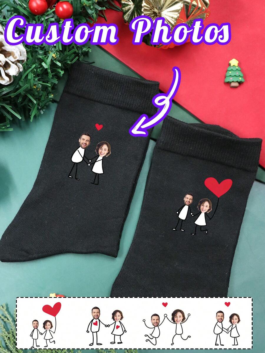 Chaussettes noires personnalisées avec photo, chaussettes personnalisées pour hommes, chaussettes pour femmes, cadeaux de mariage, chaussettes de couple personnalisées, personnalisables, cadeaux de la Saint-Valentin, anniversaire, marié, mariée, cadeaux d'anniversaire, Noël, simplicité, unique, pour hommes, femmes, petit ami, petite amie, famille, cadeaux uniques - Multicolore - Voir 1