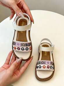 女童凉鞋，刺绣编织女童平底凉鞋，舒适轻便，适合户外旅行，夏季畅销款，街头必备单品 - 彩色 - 查看 3